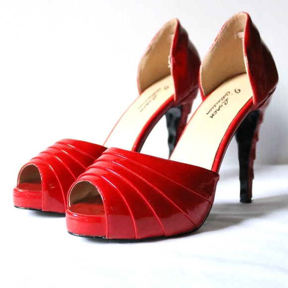 J. Loren Collection Red Patent Leather Peep Toe 4" Heels Women's 8 Retro Unique - Picture 1 of 14